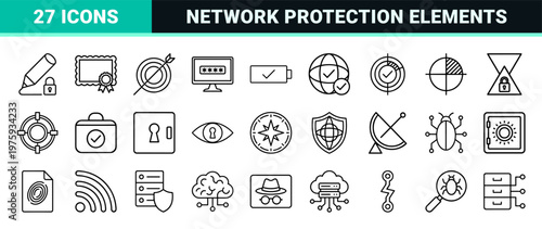 Minimalist cybersecurity outline icon set with shields and locks.