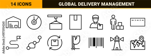 Commercial logistics and shipping line icons for global delivery services