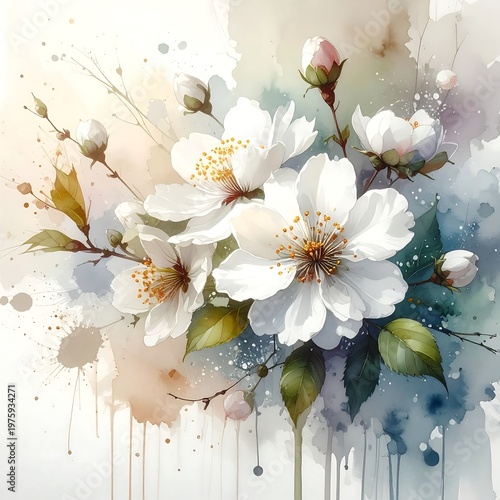 Watercolor painting featuring white blossoms and green leaves