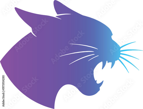 Fierce Wild Cat Head Silhouette, Purple Blue Gradient Panther Roaring Vector Icon