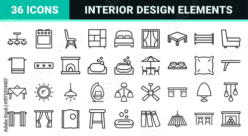 Minimalist furniture line icon set for interior design and home decor
