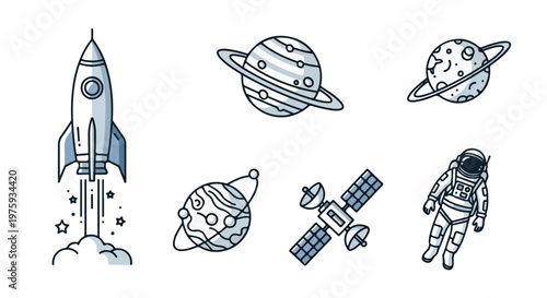 Retro space exploration vector set, 6 line art icons featuring rocket launch, astronaut, planets and satellite, vintage cosmic adventure illustrations