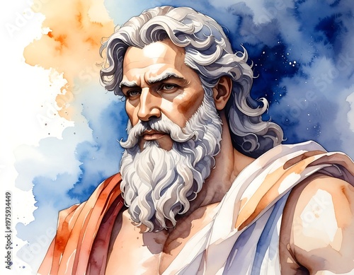 Watercolor portrait of a dignified man with flowing white hair and beard