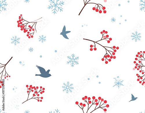 White seamless pattern featuring red berries, blue birds, and snowflakes