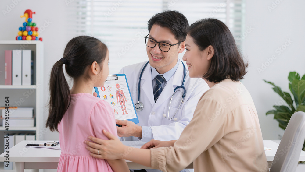 Fototapeta premium Asian Pediatrician Explaining Human Anatomy to Young Girl and Mother in Clinic