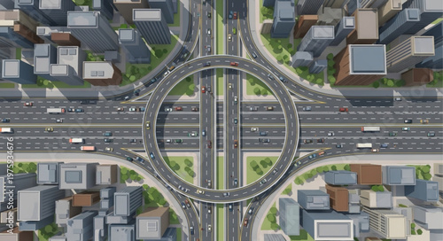 Aerial View of a Complex Highway Interchange in Urban Area.