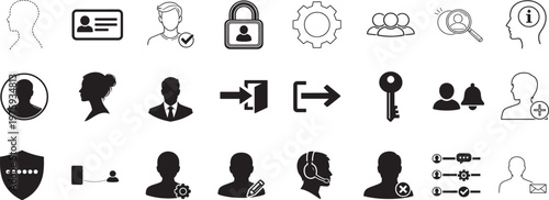 User account line icon set with profile, login, admin, security and identity vector symbols.