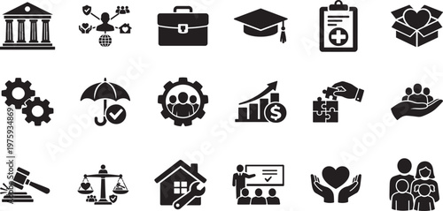 Social policy glyph icon set with education, healthcare, economy and protection symbols.