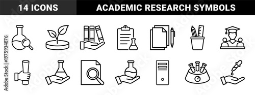 Science and education research line icons for academic and laboratory themes.