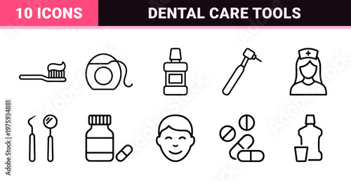 Dental care and stomatology outline icon set