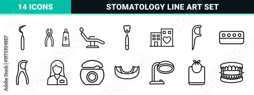 Dental healthcare line icons with tooth, dentist, and medical equipment symbols