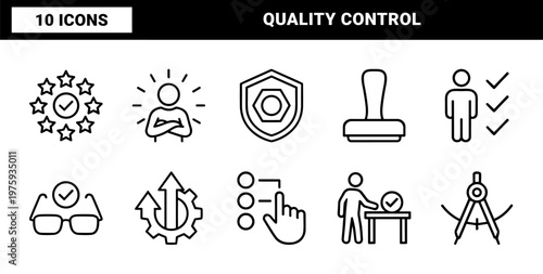 Minimalist black outline icons set for quality control and assurance in a 5x8 grid.