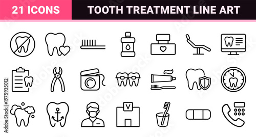 Dental healthcare line icons featuring tooth care, braces, and medical equipment.