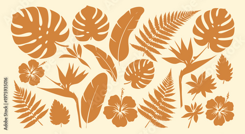 Terracotta tropical leaf silhouettes, set of 18 botanical vector elements, boho monstera and palm fronds, burnt orange floral clip art for summer branding