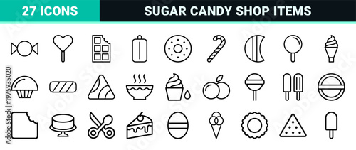 Minimalist dessert and candy line icon set for food and confectionery design.