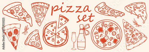 Hand drawn different pizza set. Vector sketch pizza set. vintage pizza food art .vector illustration