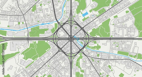 Aerial View of a Complex Highway Interchange with Circular Design.