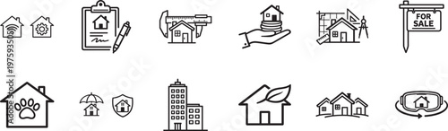 Real estate line icon set with property, house, renting and buying outline vector symbols.