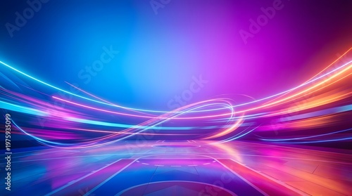 Abstract neon light trails curving over a reflective surface with a gradient background of blue and purple