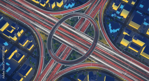 Aerial View of a Complex Highway Interchange with Circular Overpass.