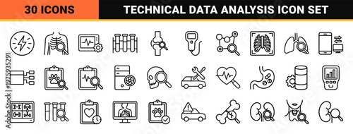 Diagnostic detection and scanning outline icon set for auto and medical systems
