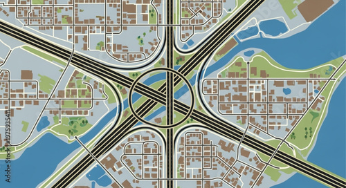 Aerial View of a Complex Highway Interchange with City Surroundings.