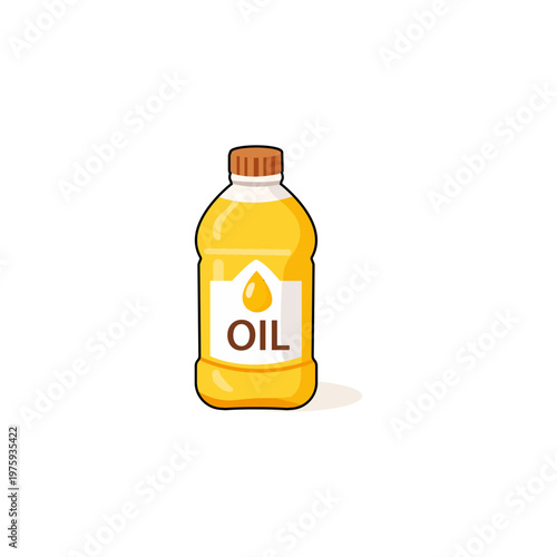 Cooking oil plastic bottle with yellow liquid and drop icon label design.