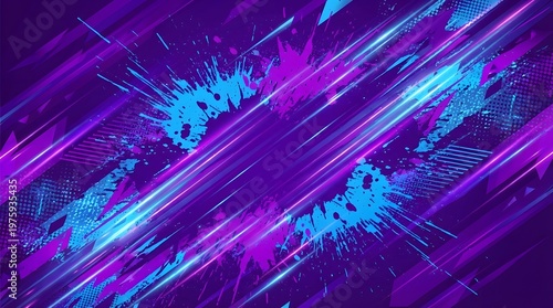 Abstract vibrant background with energetic purple and blue splashes and neon light streaks