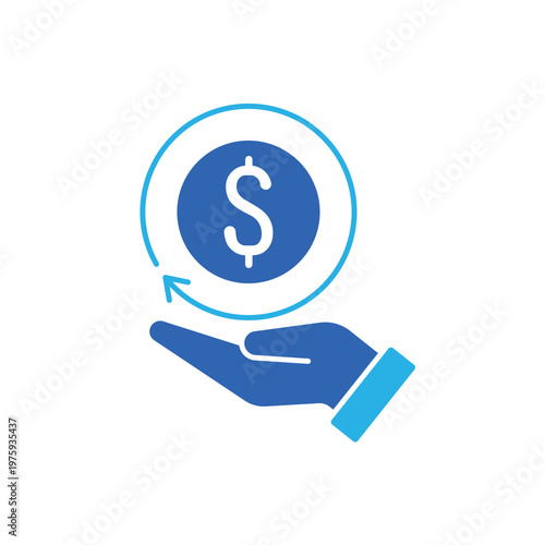 icon an roi with hand holding dollar coin and circular refresh arrow, isolated against a clean background.