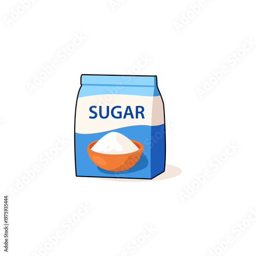 Sugar paper bag packaging with bowl of sweet white crystals isolated icon.