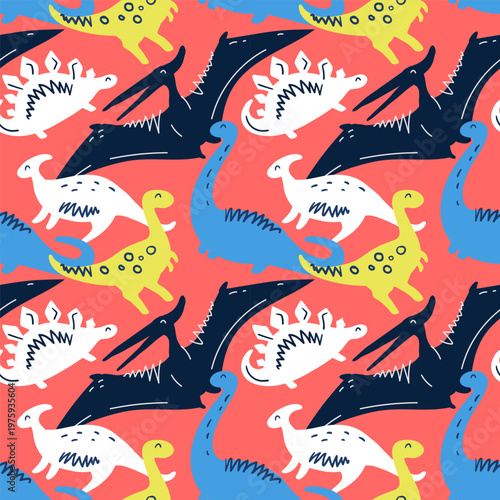 Playful seamless dinosaur pattern with colorful hand drawn pterodactyls brontosaurus stegosaurus and ankylosaurus on coral background for kids fabric, wallpaper packaging perfect for nursery decor