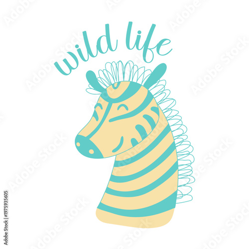 Playful zebra illustration with teal stripes and wild life lettering, cheerful minimalist animal graphic ideal for kids decor nursery art posters stationery branding and web design