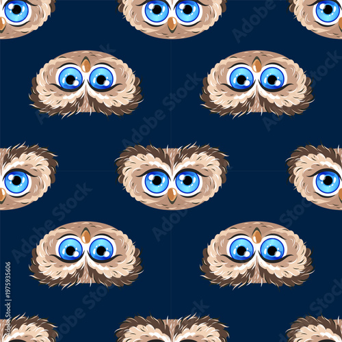 Repeating seamless pattern of cute blue eyed cartoon owl faces on deep navy background, ideal for fabric wallpaper stationery kids decor textiles wrapping and digital projects use