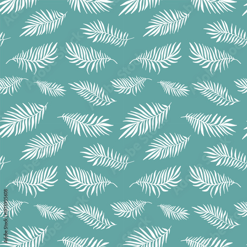 Seamless tropical palm leaf pattern on teal background, minimalist botanical illustration ideal for wallpaper, fabric, packaging, stationery and web design evokes calm, summer and nature