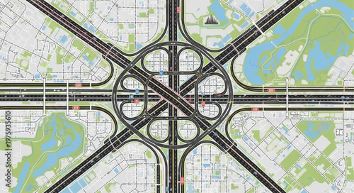 Aerial View of a Complex Highway Interchange with Cloverleaf Design.
