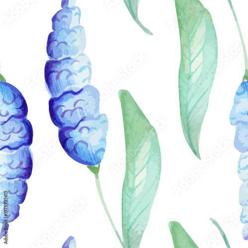 Soft watercolor lavender floral pattern with blue leaves and botanical motifs, seamless repeat ideal for wallpaper fabric textile packaging branding and surface design applications