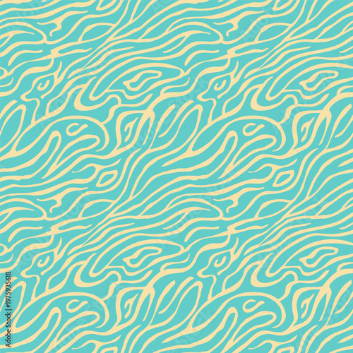 Seamless abstract turquoise and cream wave pattern with organic flowing lines and zebra-like stripes, perfect for textiles, backgrounds, wallpaper, packaging, web design and modern surface decoration