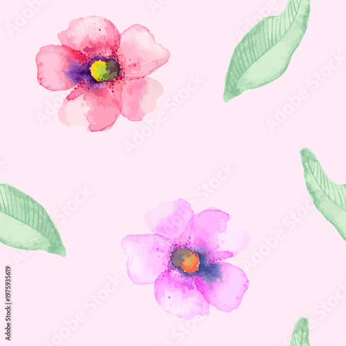 Soft watercolor pink flowers and green leaves arranged on a pale pastel background for invitations stationery wallpaper packaging branding and editorial use, evoking springtime romance