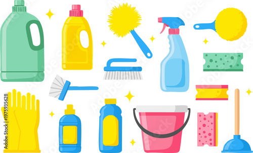 Cleaning supplies vector set, household sanitation products and detergent bottles, flat housekeeping equipment icons for janitorial service