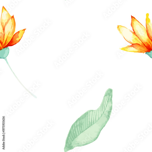 Soft watercolor orange flowers and a pale green leaf on a white minimal background, botanical composition ideal for cards, invitations, backgrounds, spring design, nature projects, wedding stationery
