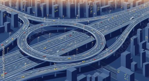 Aerial View of a Complex Highway Interchange with Dense Traffic.