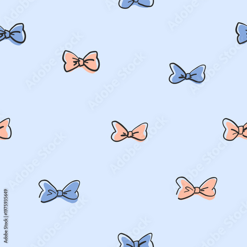 Soft pastel bow pattern in blue and pink featuring hand drawn cartoon bows scattered on a light background, ideal for fabric, wallpaper, stationery, packaging, invitations and digital design
