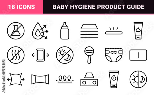 Minimalist baby diaper features and infant care line icon set