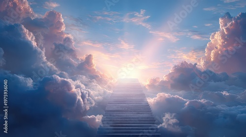 Celestial Stairway Ascending Through Sunlit Clouds Towards Radiant Heavenly Light a Divine Ethereal Pathway in a Majestic Sky
