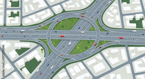 Aerial View of a Complex Highway Interchange with Green Roundabout.