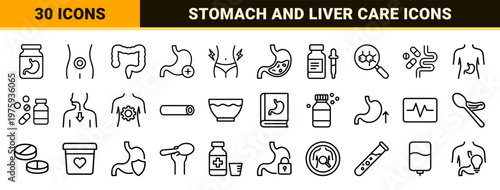 Gastrointestinal health and digestive system minimalist outline icon set