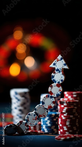 Casino Chips Stacked in Upward Arrow Trend with Blurry Roulette Wheel Background and Bokeh Lights Symbolizing Gambling Success and Financial Growth