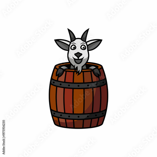 A charming cartoon goat peeking out of a wooden barrel, evoking a sense of playfulness and curiosity, ideal for rustic or animal-related branding and products.