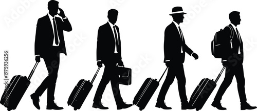 Businessmen silhouette set of professionals walking with suitcases and luggage for business travel and corporate trip isolated on white background for professional terminal design