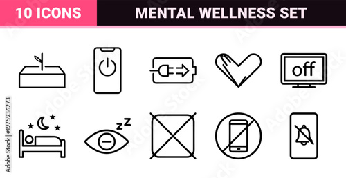 Digital detox minimalist line icons for wellness and mental health